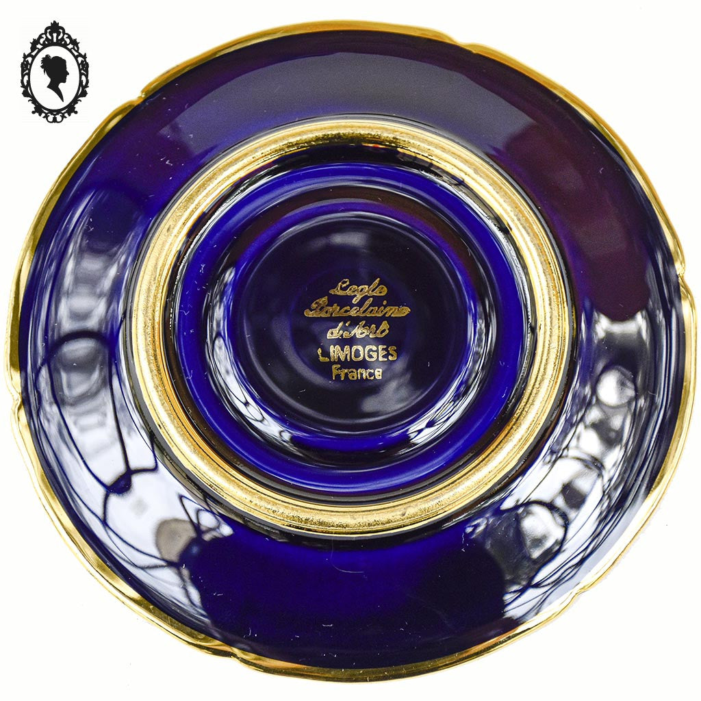 Service 12 tasses soucoupes porcelaine d’Art Legle Limoges France bleu or + cuillères