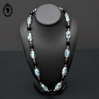 Élégant long collier perles de verre vénitien Murano bleu noir vintage ancien