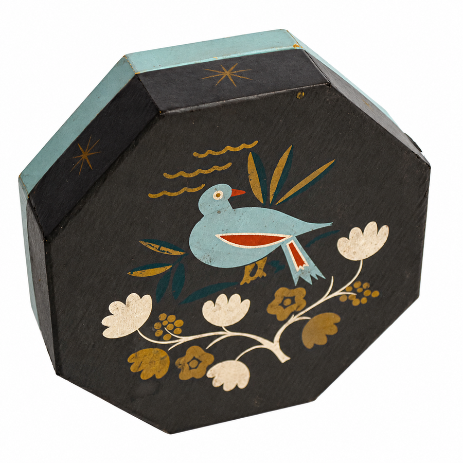 Boîte ancienne octogonale décor d’oiseau et de fleurs style art déco mais date de 1955