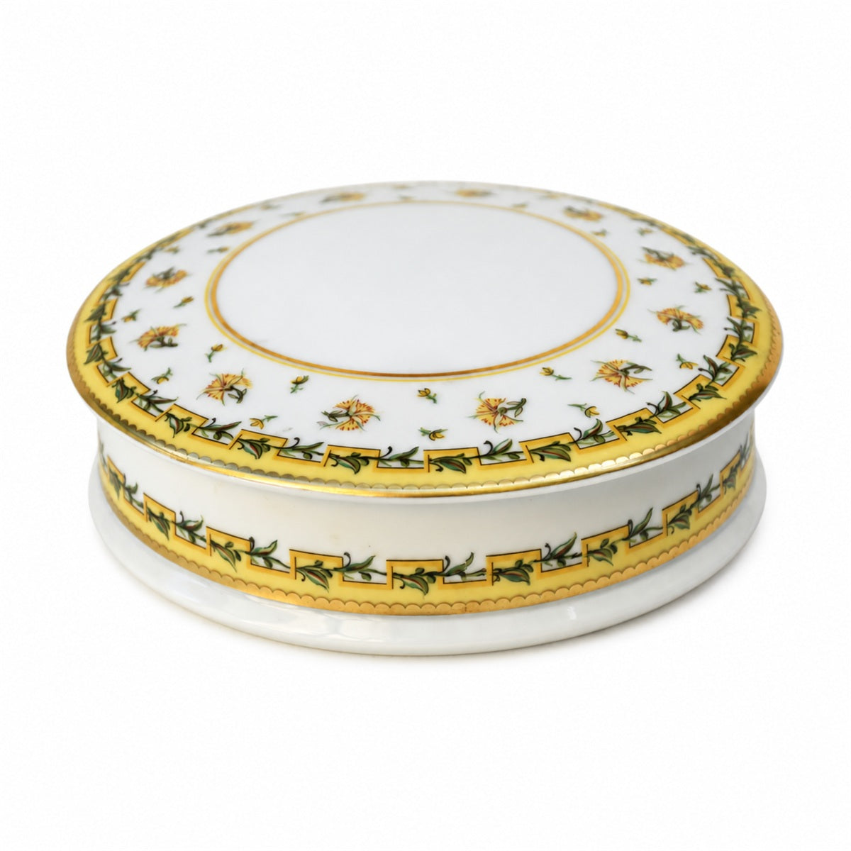 Boîte bonbonnière ronde en porcelaine Raynaud Limoges, fleurs jaunes or