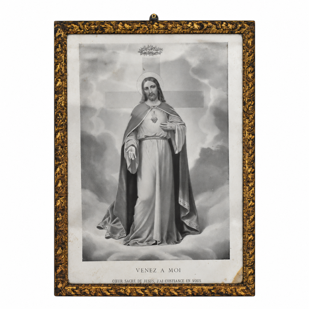 Cadre ancien religieux ancien doré – Sacré-Cœur de Jésus « Venez à moi » 26 x 36 cm