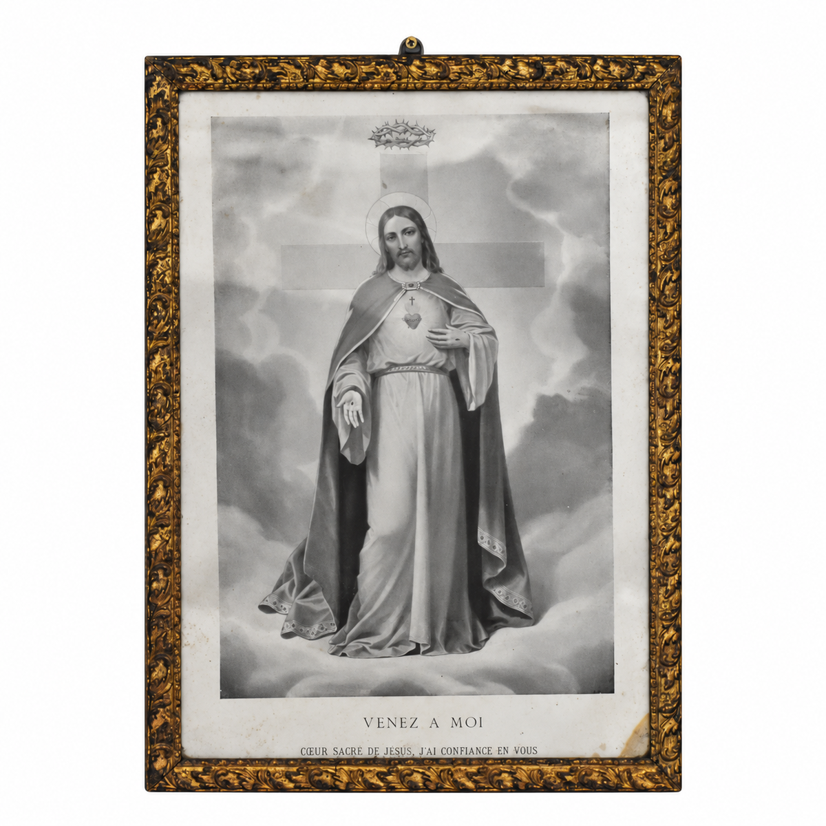Cadre ancien religieux ancien doré – Sacré-Cœur de Jésus « Venez à moi » 26 x 36 cm