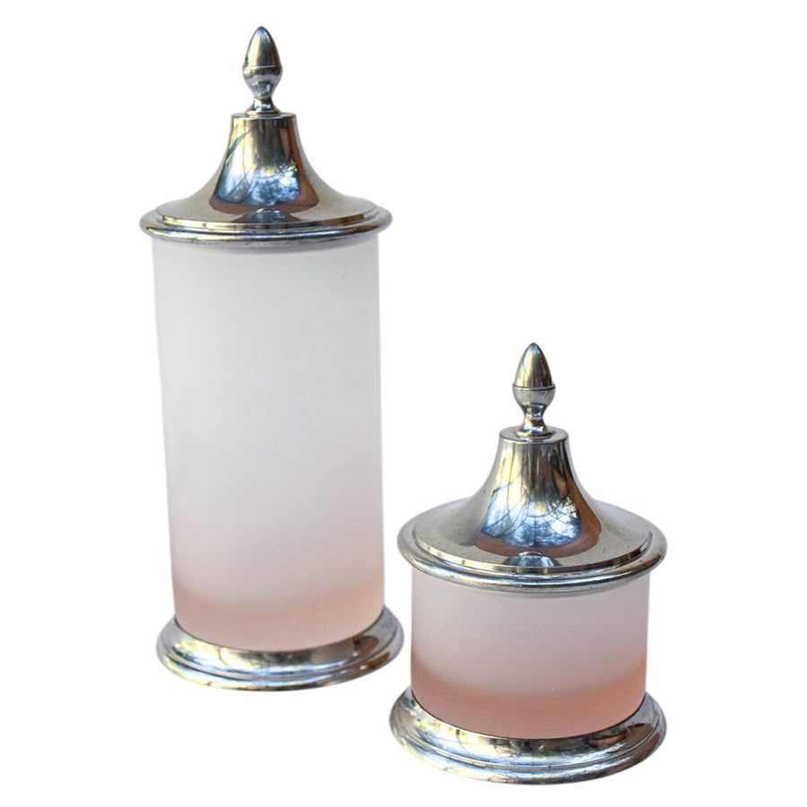 Duo de pots décoratifs bonbonnières verre mat rosé avec couvercle en étain vintage