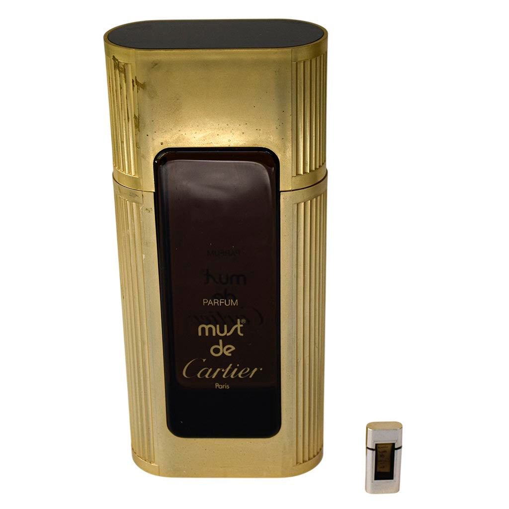 Flacon factice géant Must de Cartier 34,5 cm + miniature 4 ml vide pour collection