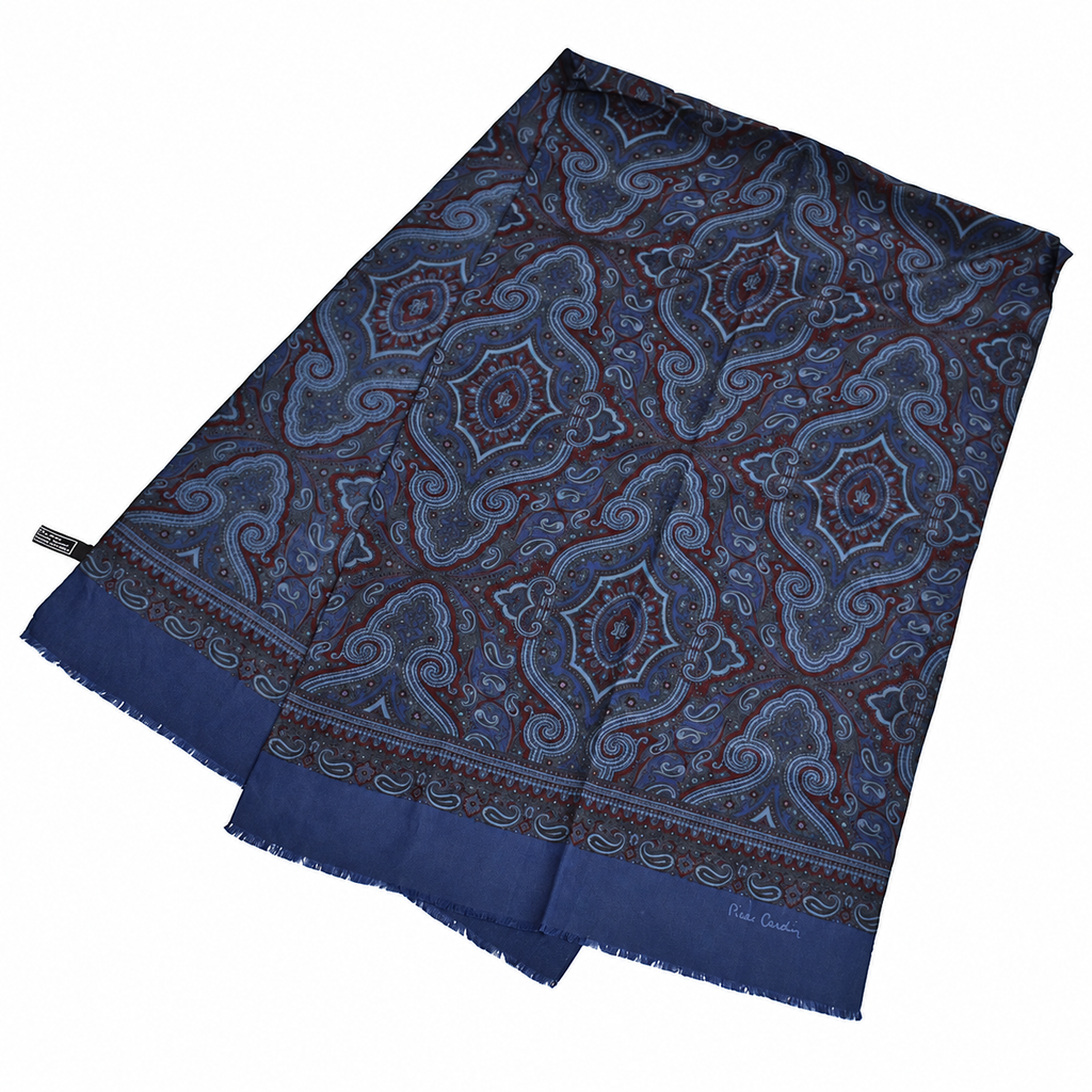 Foulard Pierre Cardin 100 % soie bleu marine à motifs cachemire Made in Italy
