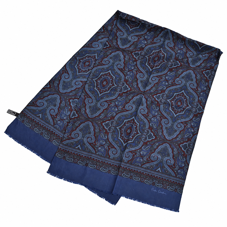 Foulard Pierre Cardin 100 % soie bleu marine à motifs cachemire Made in Italy