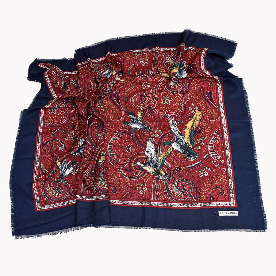 Foulard vintage Laura Mori bleu rouge bordeaux polyester made in Italie