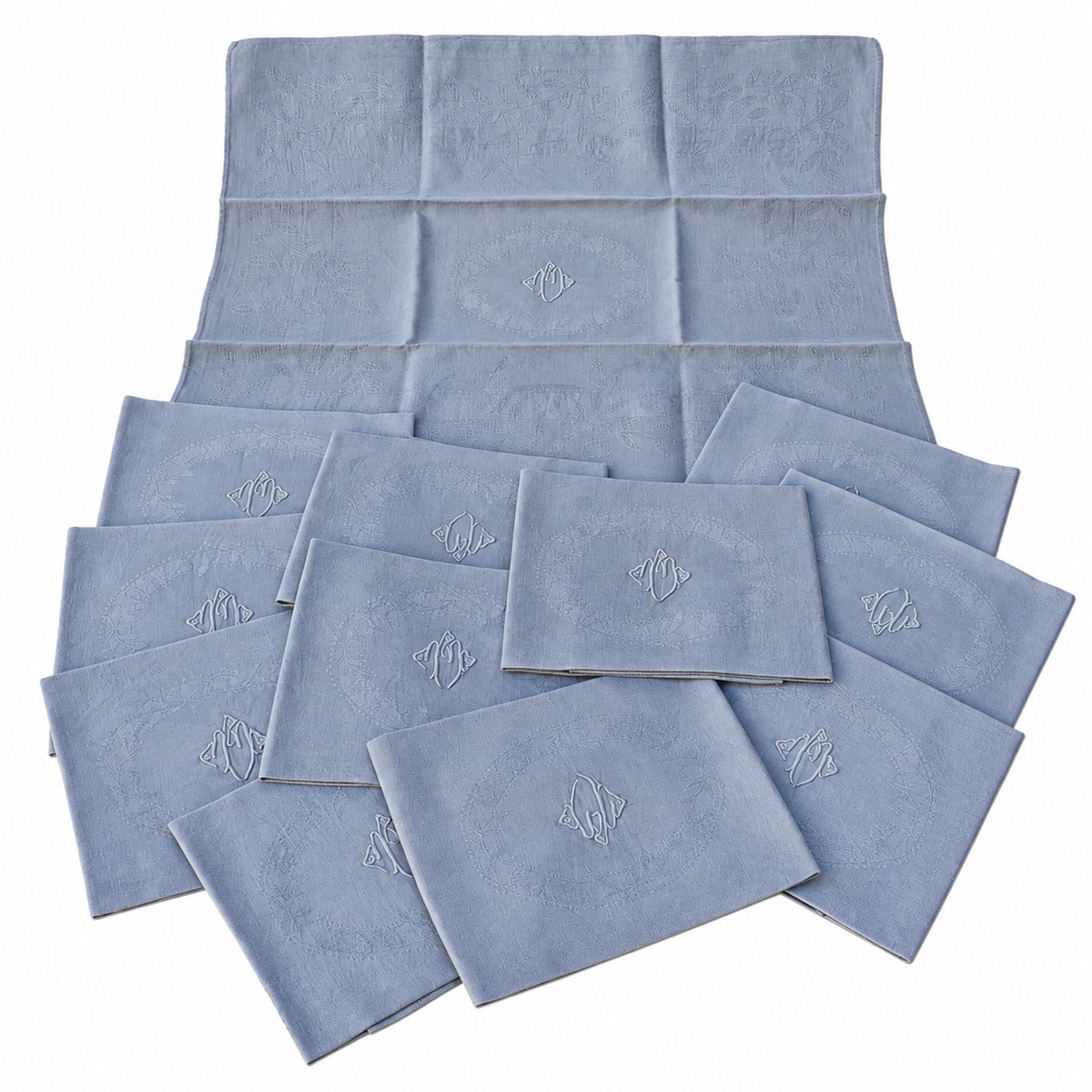 Lot de 12 grandes serviettes anciennes damassées teintes grise bleuté, monogramme brodé – 60 × 75 cm