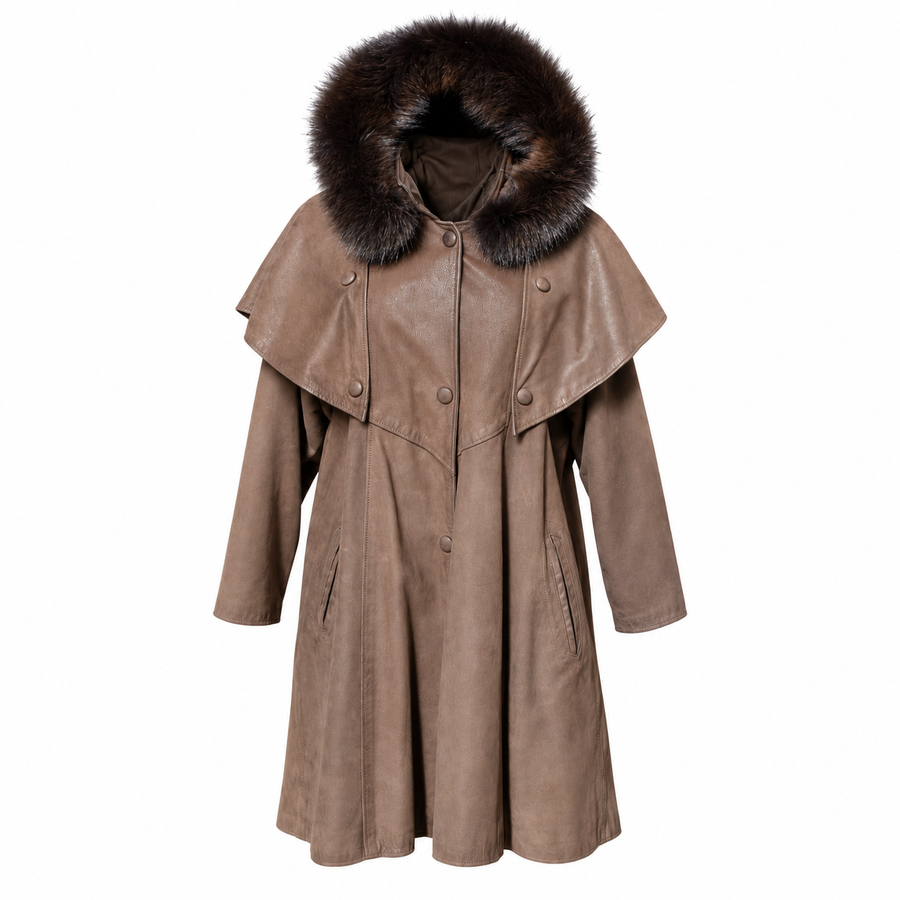 Manteau vintage Guy Laroche en cuir marron, capuche bordée de fourrure – Taille 36