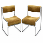 Paire de chaises traîneaux en velours côtelé ocre et métal tubulaire chromé vintage 1970