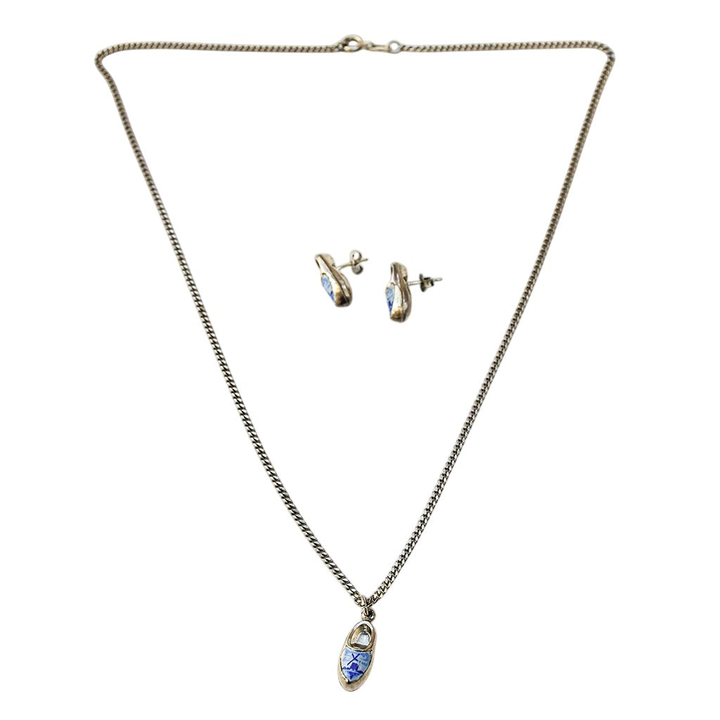 Parure en argent sabots bleu et blanc style Delft hollandais – Collier pendentif chaîne et boucles d’oreilles