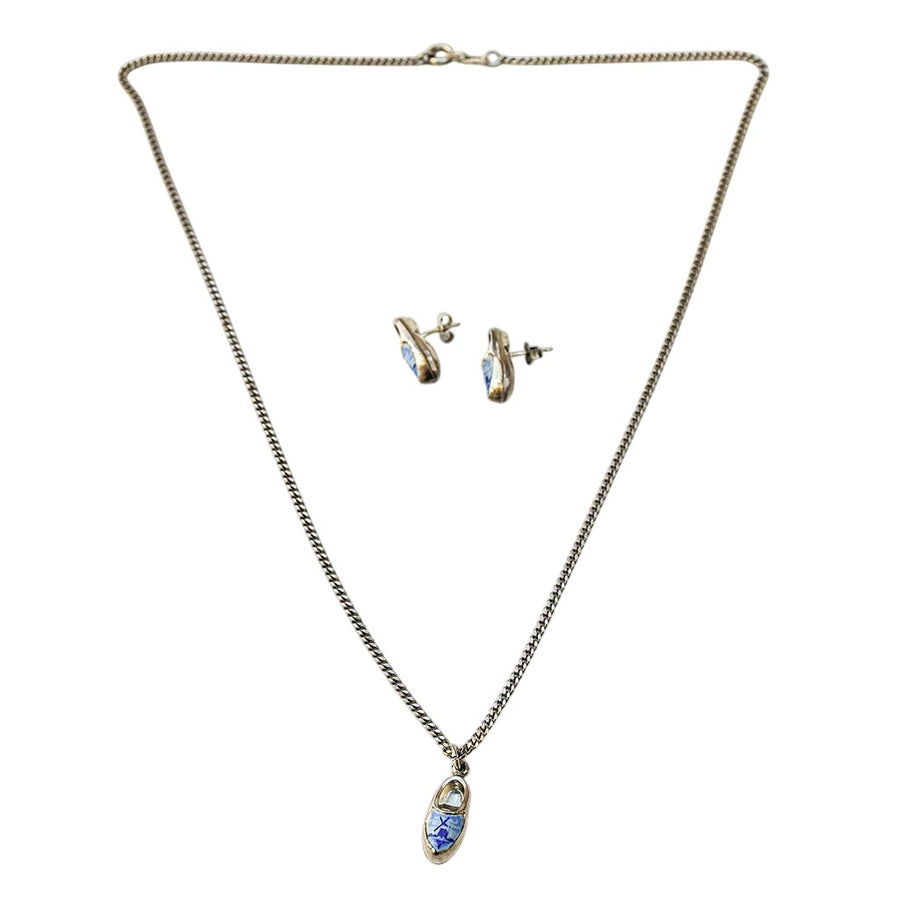 Parure en argent sabots bleu et blanc style Delft hollandais – Collier pendentif chaîne et boucles d’oreilles