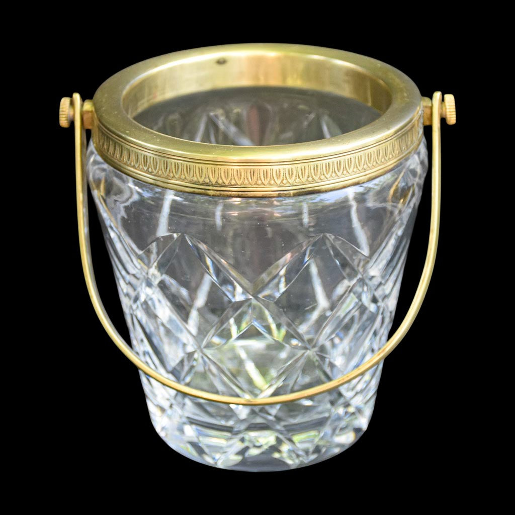 Petit seau à glaçons vintage en cristal ciselé et laiton doré avec anse