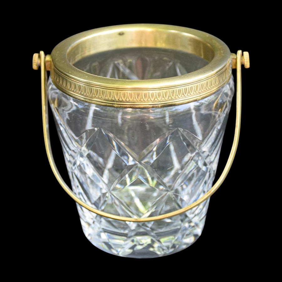 Petit seau à glaçons vintage en cristal ciselé et laiton doré avec anse