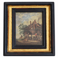 Petit tableau scène d’auberge – Cadre noir et doré bois vintage, style Napoléon III