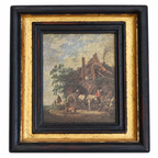 Petit tableau scène d’auberge – Cadre noir et doré bois vintage, style Napoléon III