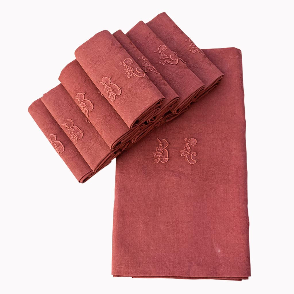 Service de table ancien damassé terracotta – Nappe et 10 serviettes monogrammes BG coton et lin