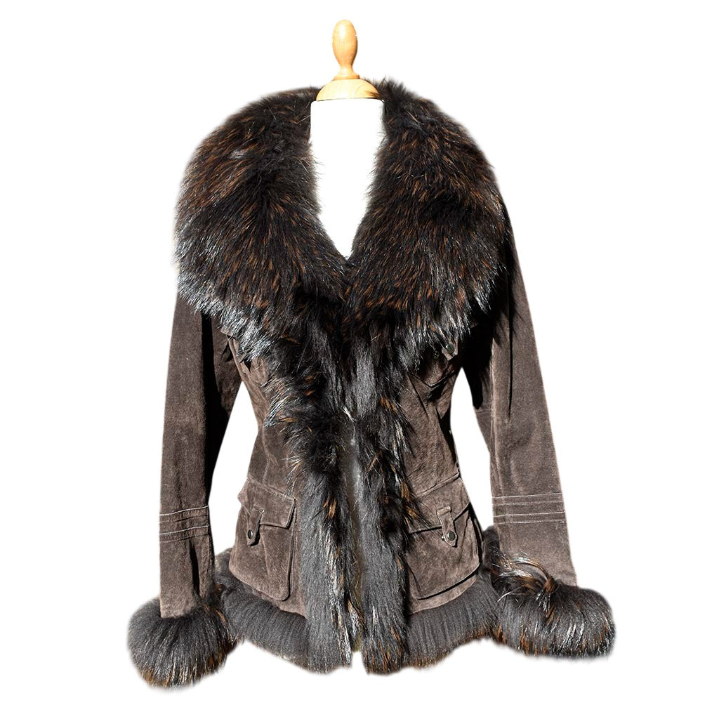 Superbe veste Oakwood en daim cuir marron et fourrure cintrée et ceinturée taille S