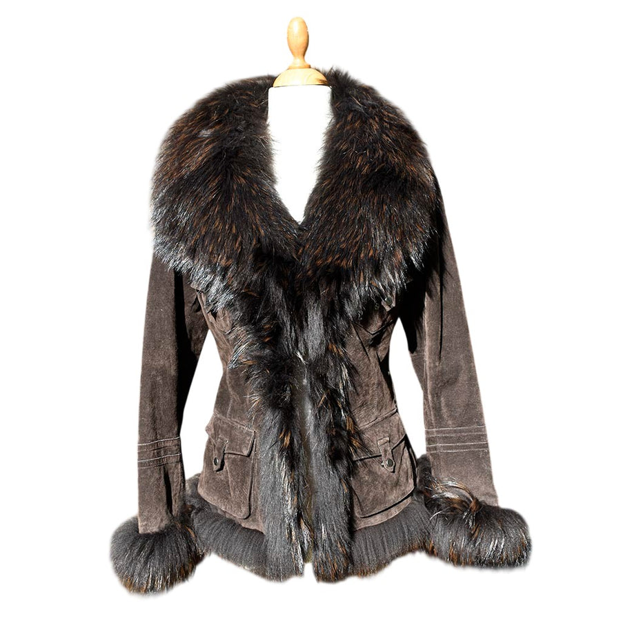 Superbe veste Oakwood en daim cuir marron et fourrure cintrée et ceinturée taille S