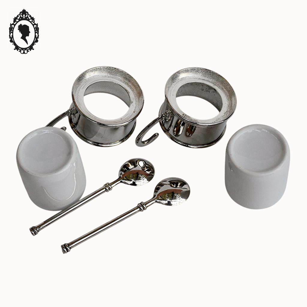 2 Tasses à café porcelaine avec support métal et cuillères vintages