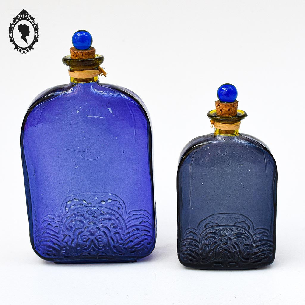 2 bouteilles flacons bleus décoratifs vides bouchon liège