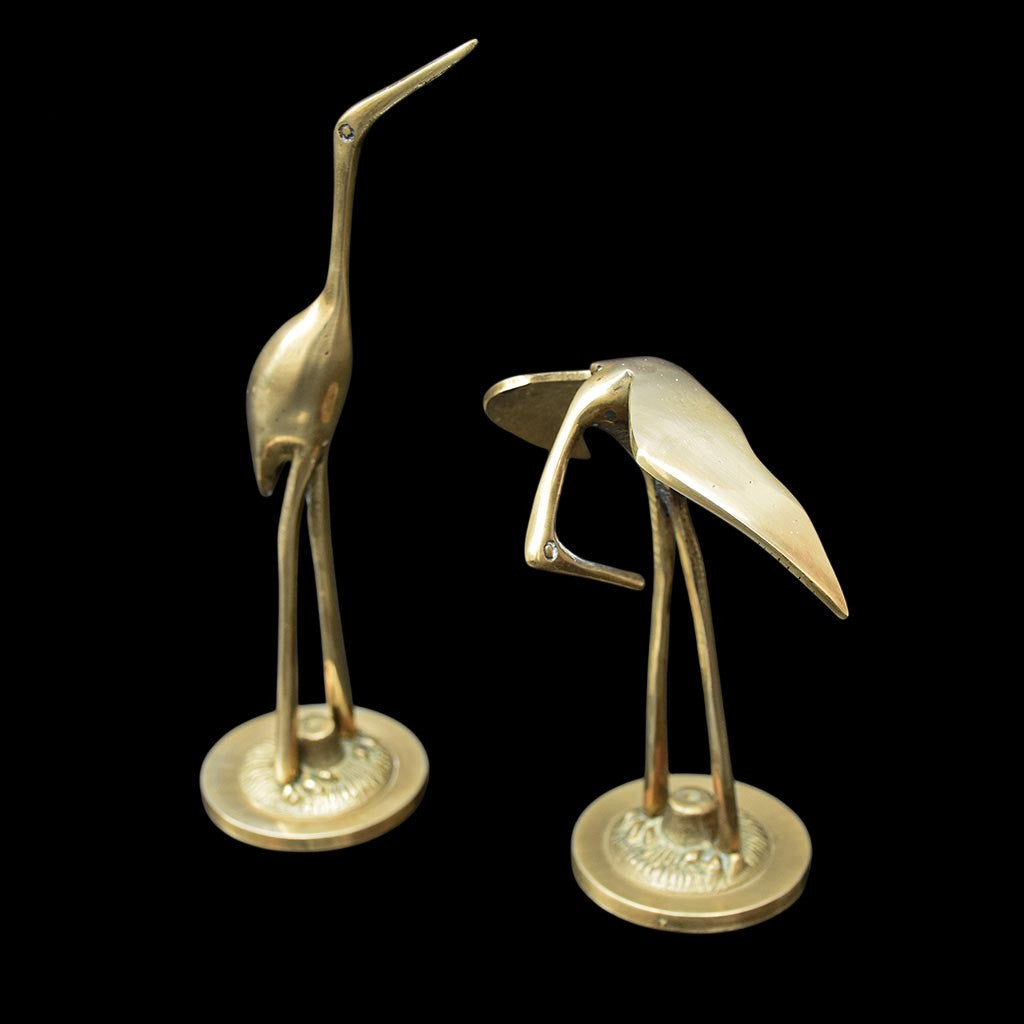 2 statues figurines hérons cigognes en laiton doré H 29 cm vintages