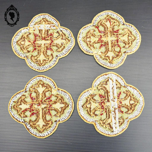 4 Médaillons broderie tapisserie religieuse ancienne ornement liturgique croix H 15 cm