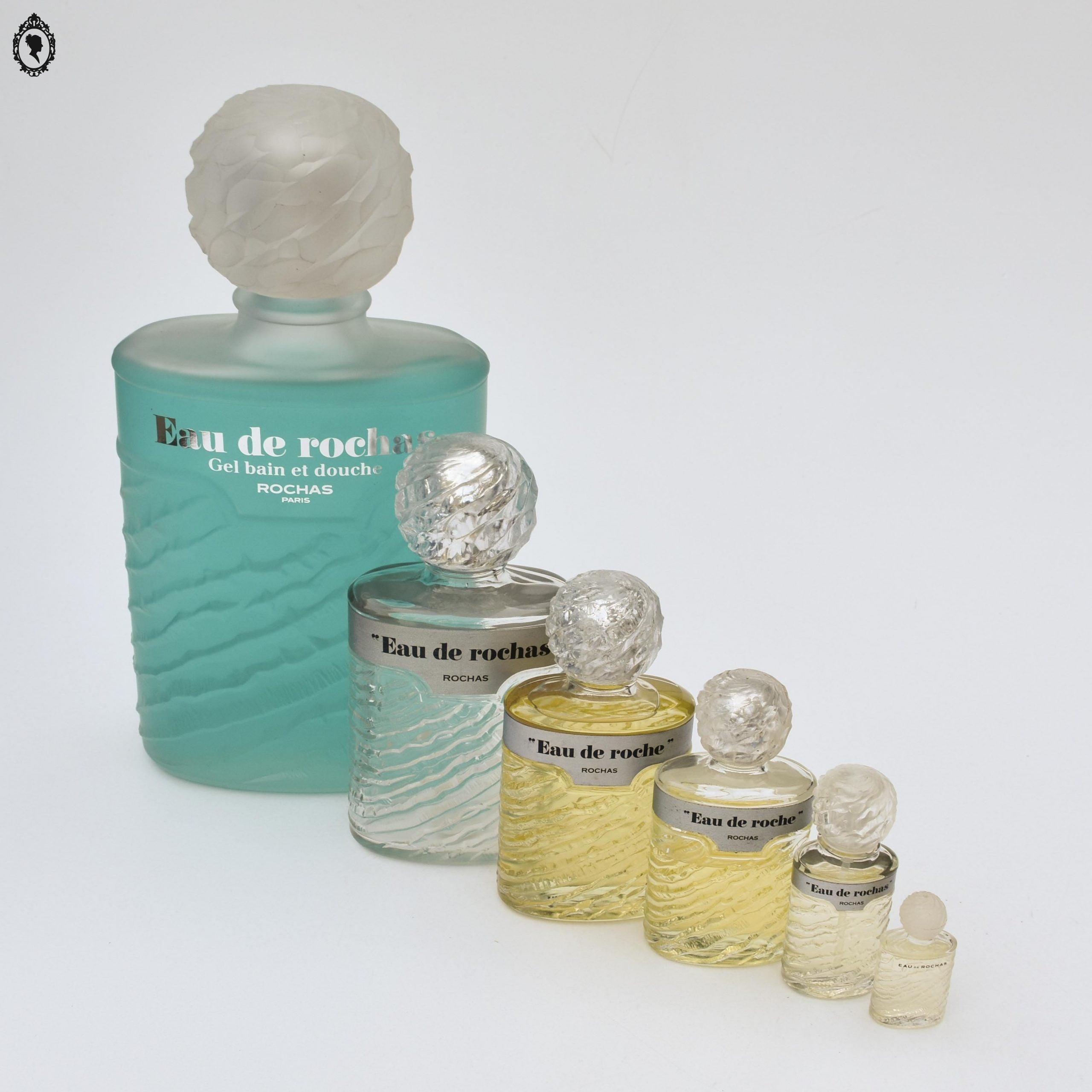 Série 6 Flacons en cascade Dummy Parfum Eau de Rochas objet collection de Vitrine parfumerie