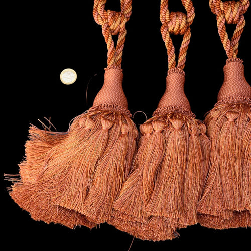6 embrasses pompons glands de clé cordon ocre rose corail passementerie pour rideau Houlès