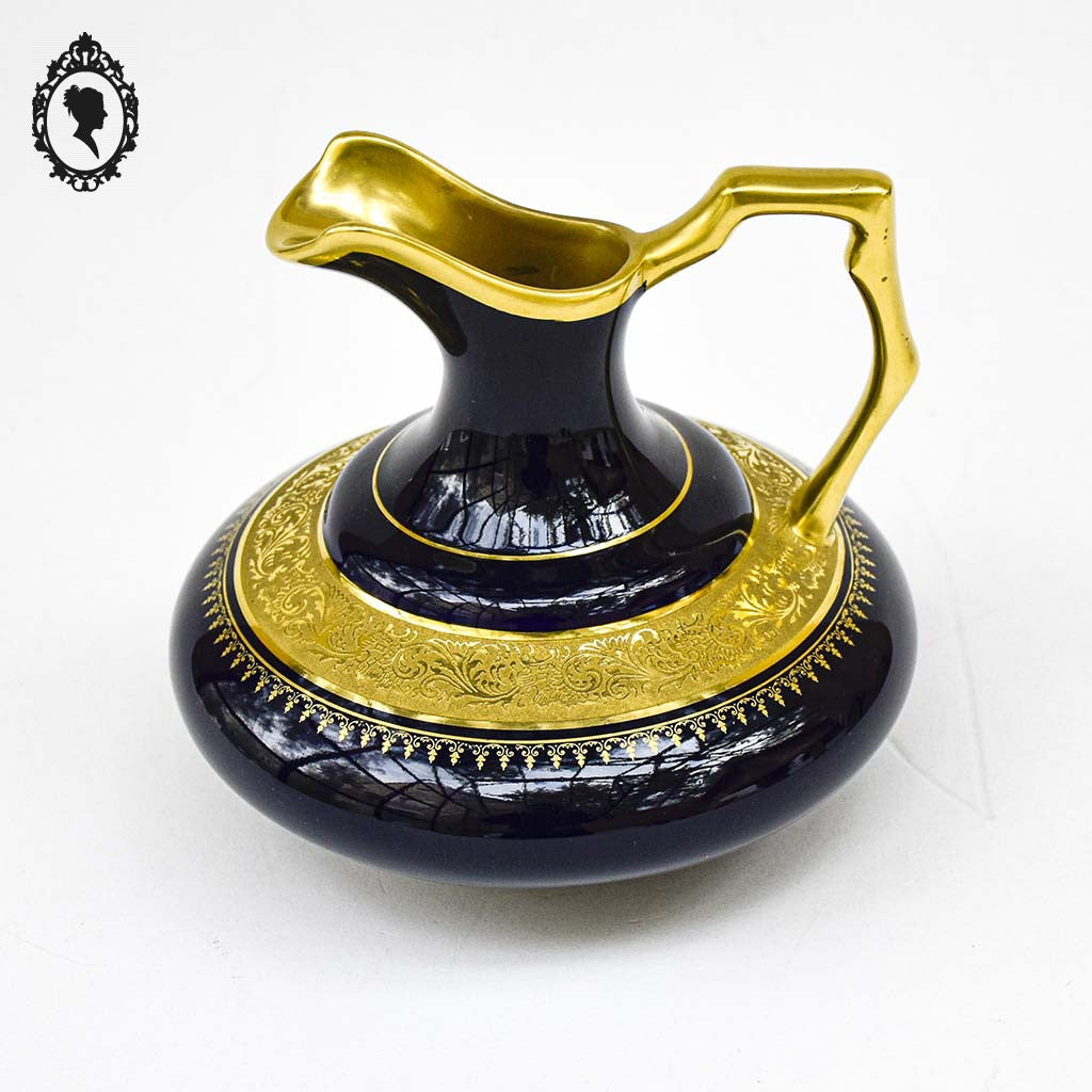 Aiguière saucière vase pot en porcelaine de Limoges bleu cobalt doré