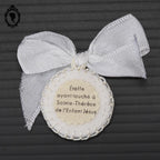 Ancienne étoffe médaille religieuse Ex – Voto ronde en tissu reliquaire Sainte Thérèse