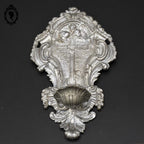Bénitier avec croix et anges gris argenté en métal régule ancien