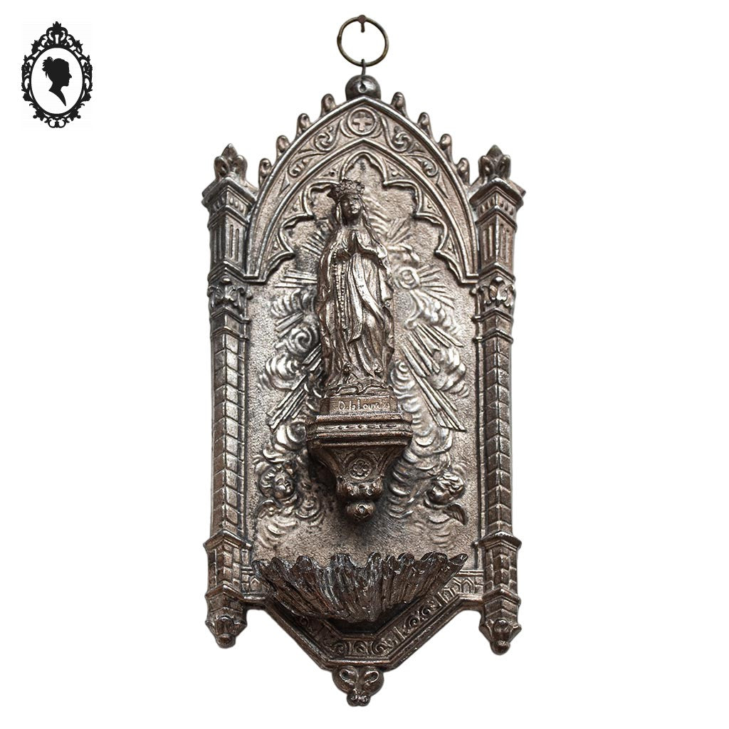 Bénitier en métal régule gris vierge Marie Lourdes vintage ancien
