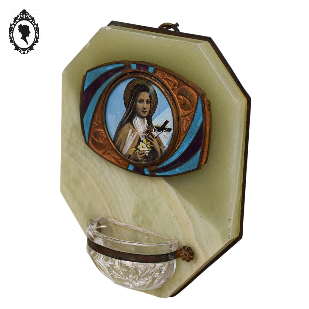 Bénitier mural Sainte Bernadette marbre onyx vert art déco ancien