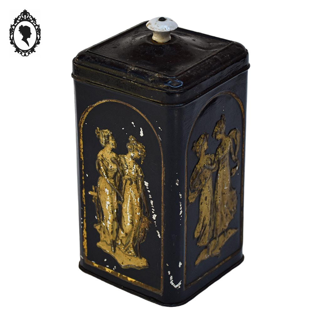 Boite ancienne à biscuits ou autre en fer art déco Art nouveau noir doré poignée porcelaine collection