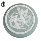 Bonbonnière ancienne ronde boîte porcelaine biscuit vert tendre blanche fées