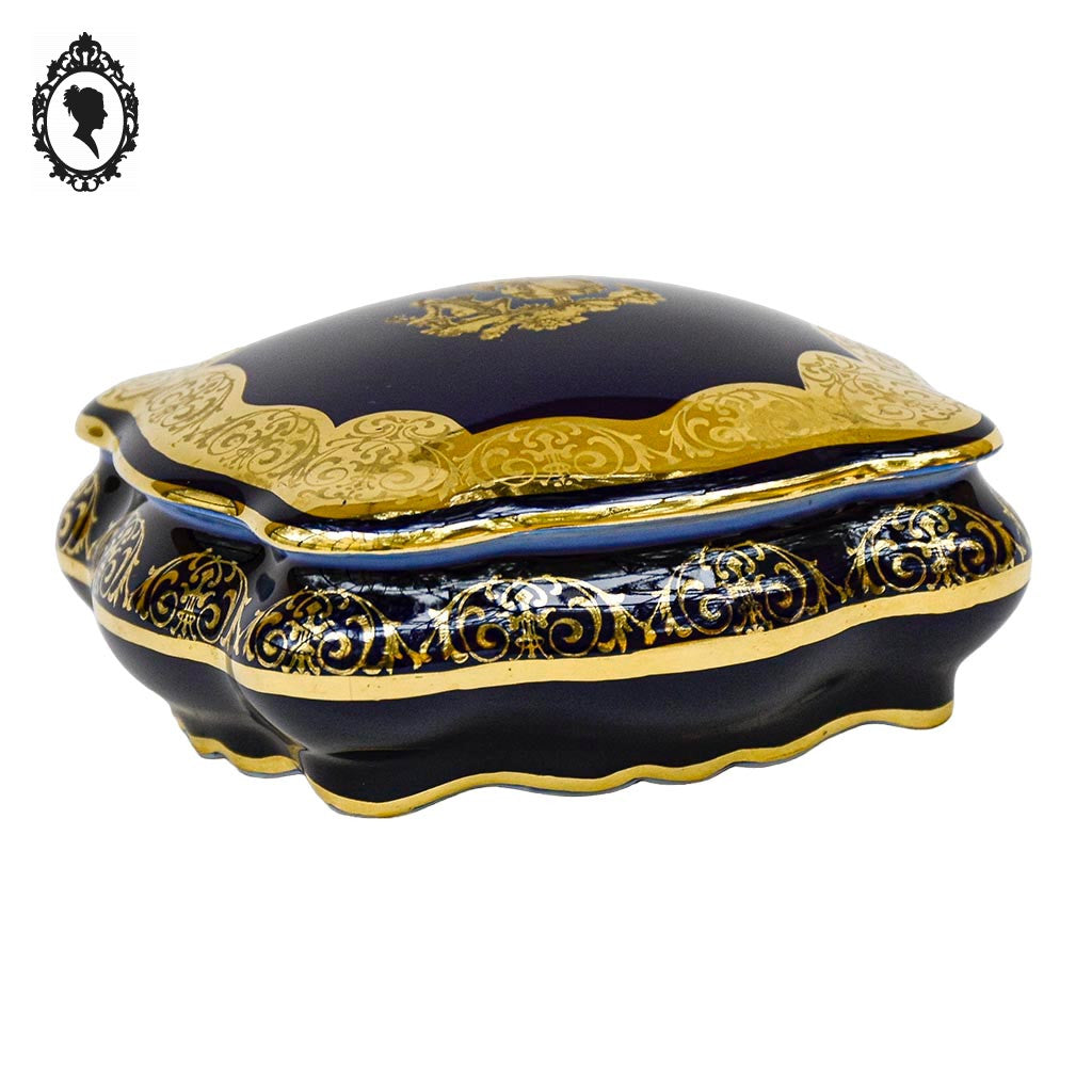 Bonbonnière boite à bijoux bleu de four doré or porcelaine Limoges