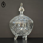 Bonbonnière drageoir ronde poignée pointue en verre blanc ciselé tripode vintage
