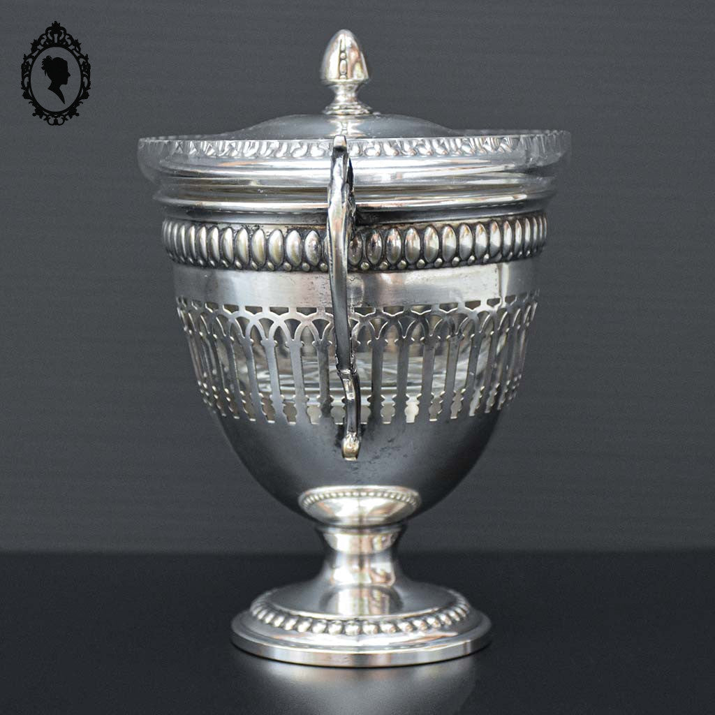 Bonbonnière drageoir sucrier piédouche en métal argenté et cristal ancien