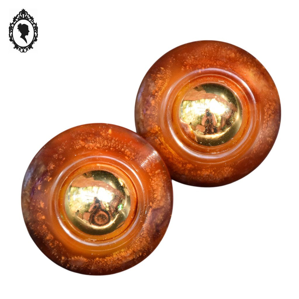 Boucles d’oreilles clips résine marron doré style ambre rondes vintages