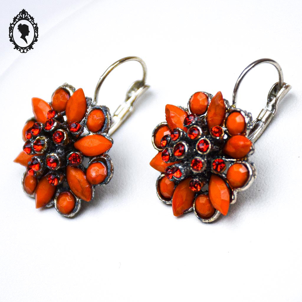 Boucles d’oreilles pendantes dormeuse rouge orangé strass forme fleur bijou fantaisie