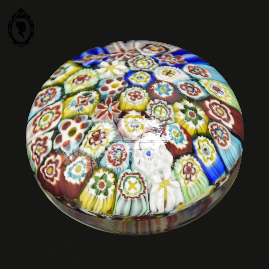 Boule sulfure mille fleurs Millefiori presse papier en verre polychrome vintage
