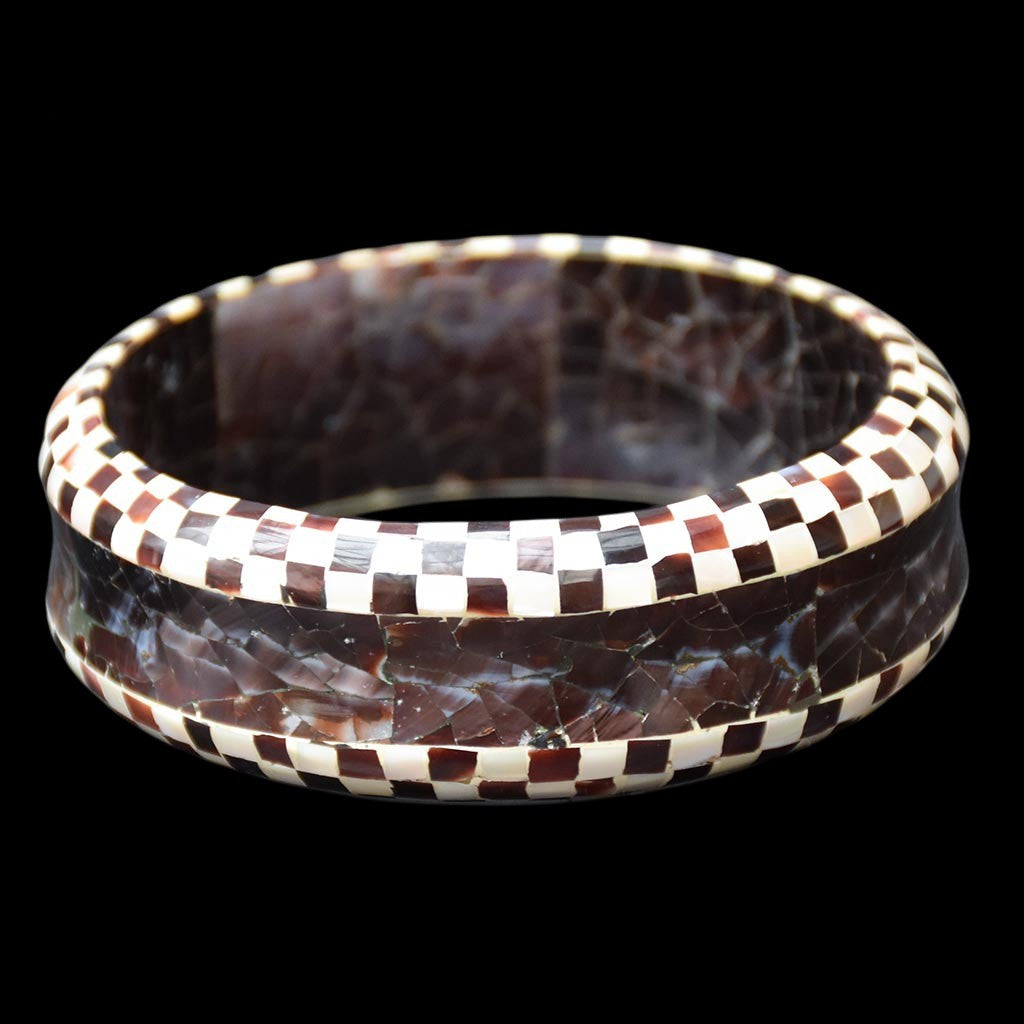 Bracelet jonc damier nacre marron beige vintage