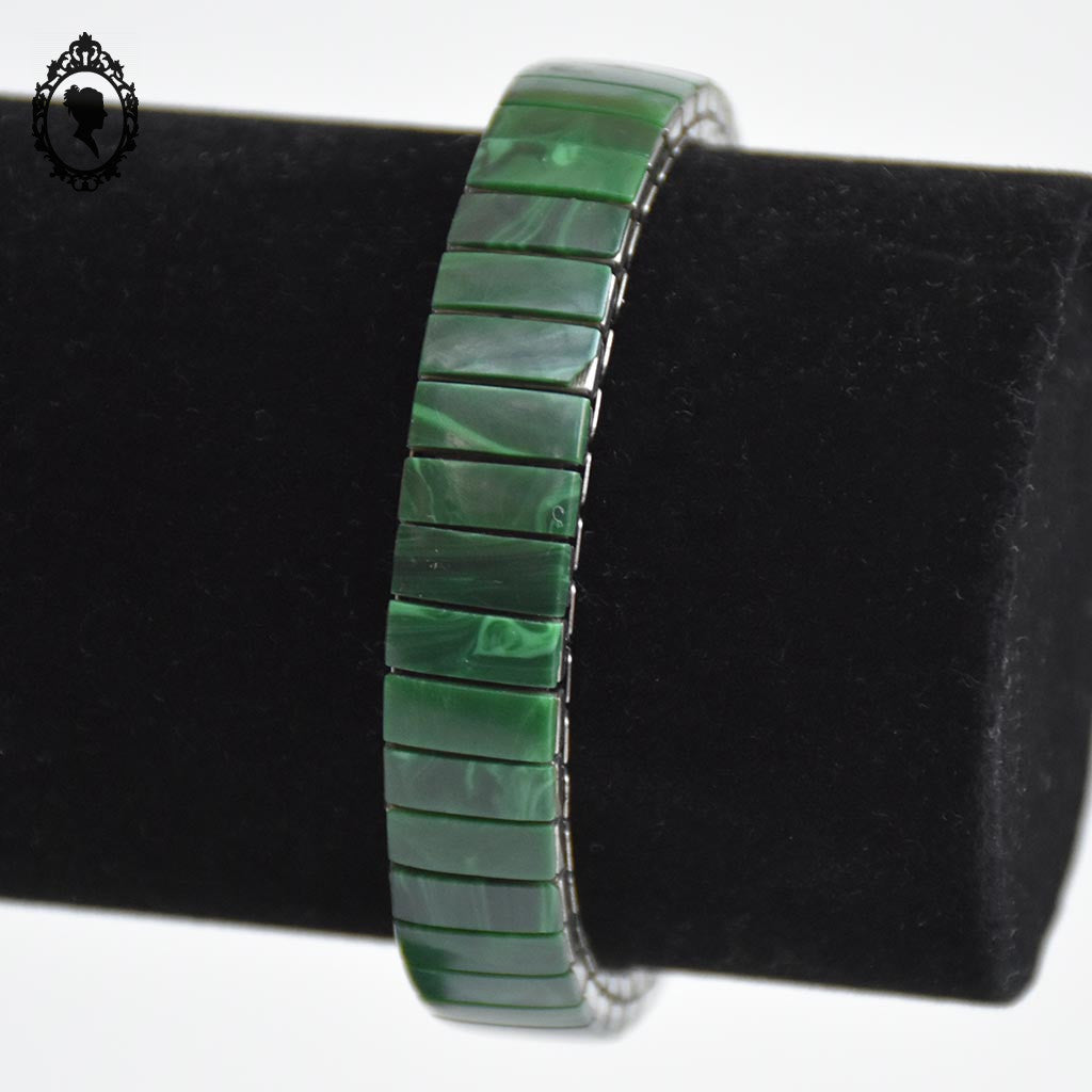 Bracelet vert pierre malachite extensible étirable rond semi rigide vintage