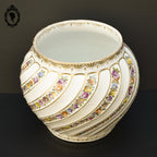 Cache pot vase rond blanc porcelaine fleurie rose doré signé