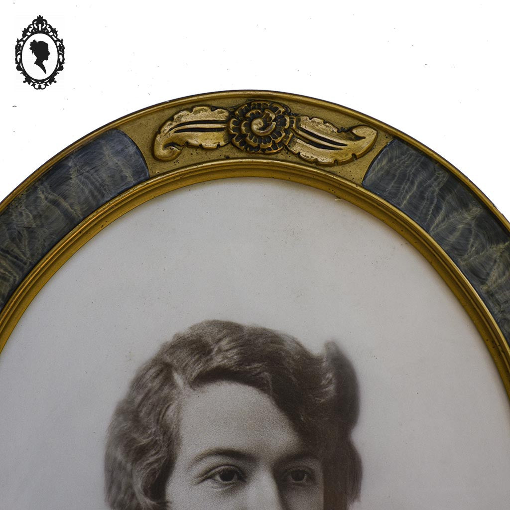 Cadre Art déco Art nouveau ancien ovale doré photo portrait femme sépia