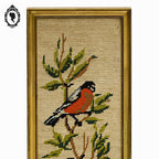 Cadre or doré tapisserie broderie oiseaux fond beige vintage