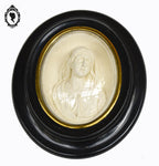 Cadre ovale noir verre bombé avec le buste de la vierge Marie reliquaire ancien