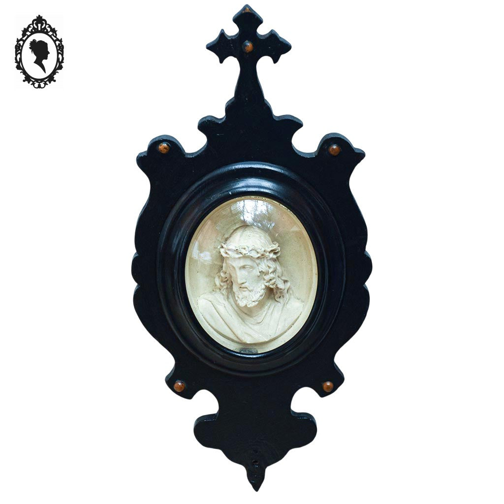 Cadre reliquaire ovale noir verre bombé buste Christ calcaire pétrifié ancien Napoléon 3
