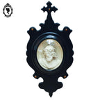 Cadre reliquaire ovale noir verre bombé buste Christ calcaire pétrifié ancien Napoléon 3